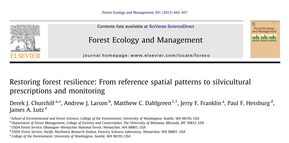 Screenshot of Journal: Forest Ecology and Management 291 (2013) 442-447. Title: Restoring forest resilience: From reference spatial patterns to silvicultural prescriptions and monitoring.