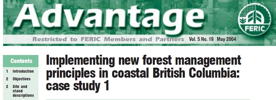 Journal Screenshot from FERIC Journal. Title: Implementing new forest management principles in coastal British Columbia: case study 1. Vol. 5 No. 19 May 2004