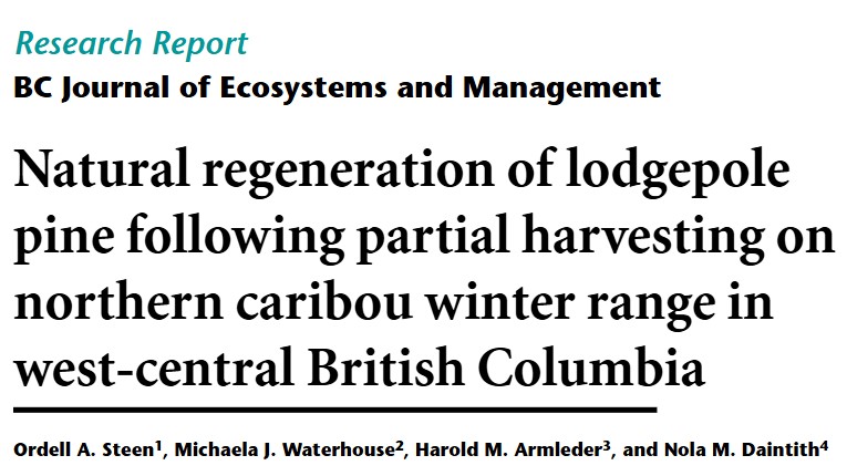 Journal article screenshot. Text: Research Report; BC Journal of Ecosystems Management. Natural regeneration of lodgepole pine following partial harvesting on northern caribou winter range in west-central British Columbia. Authors Steen, et al.